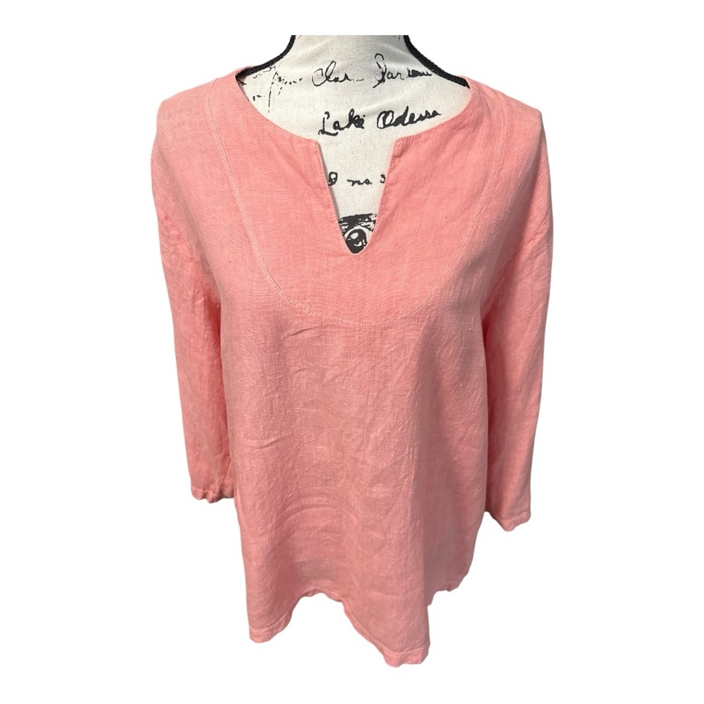 Hot Cotton 100% Coral Linen Lagenlook Tunic Top V-neck 3/4 sleeves women’s Sz L